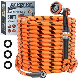 PLYPLYE Flexible Garden Hose 50 ft, Non-Expanding Lightweight Water Hose, with 10 Pattern Sprayer, All Weather, Durable, Kink and Abrasion-Resistant, Leak-Free, Orange