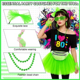 Ladies 80s Fancy Dress Costume, 1980s Costume Outfits Accessories Set with T-Shirt Tutu Skirt Bag Fishnet Gloves Headband Neon Earrings Necklace Bracelets for Women Girls 80s 90s Retro Theme Hen Party