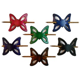 Made in USA - 2 Large GENUINE THICK LEATHER Butterfly Hair Barrettes w Sticks, Ponytail Holders, Choice of Colors