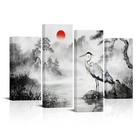 LyerArtork 4 Pieces Traditional Chinese Ink Painting Wall Art Canvas Prints Heron Mountain Lake Landscape Picture Asian Aesthetic Artwork Office Living Room Wall Decor