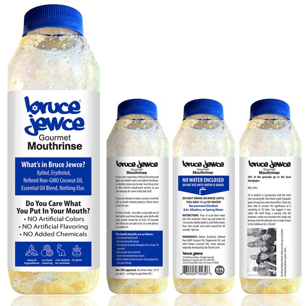 Bruce Jewce Gourmet Mouthrinse 100% Natural Organic Mouthwash 15 oz, Dry Mouth, Gingivitis, Tooth Decay, Non-Alcoholic, No Fluoride, Adults & Kids