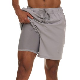 Champion Mens Swim Trunks with Compression Liner, 2 in 1 Mens Bathing Suit Shorts, 7 Inch Inseam Board Shorts for Swimming Grey