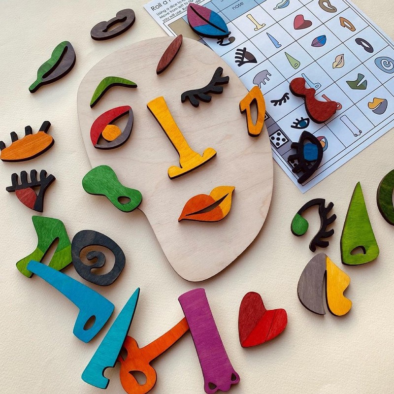 Kids Wooden Puzzle Board 26 Blocks Face Shaped Improve Imagination