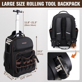 Rolling Tool Backpack Heavy Duty, 43 Pockets Tool Backpack with Wheels, Rolling Tool Bags for Men with Retractable Handle, 1680D Tool Bag with Wheels for Electrician Construction Worker Mechanic HVAC