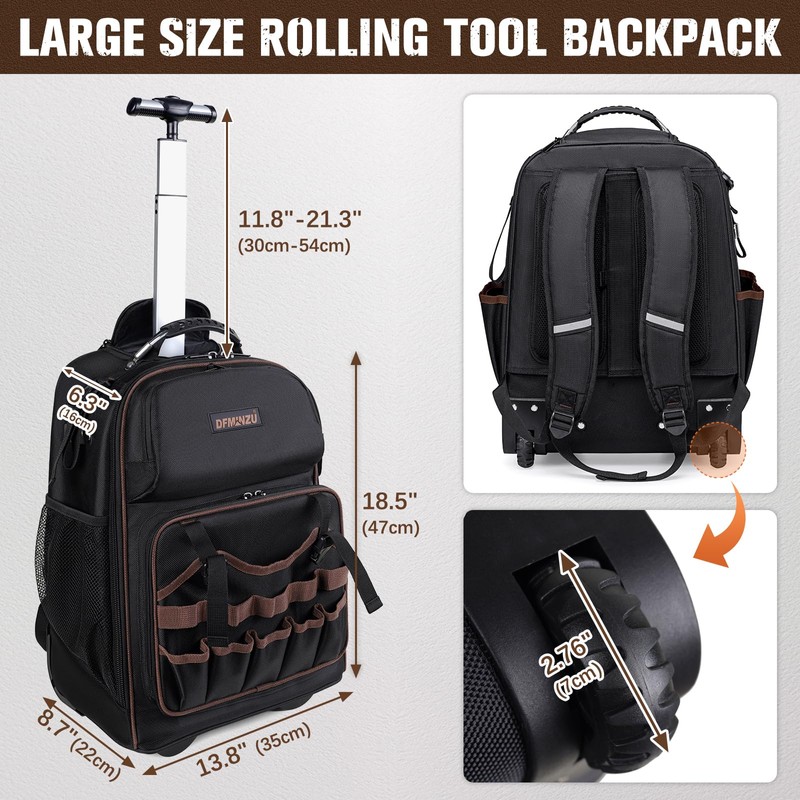 Rolling Tool Backpack Heavy Duty, 43 Pockets Tool Backpack with
