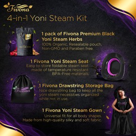 FIVONA 4 in 1 Yoni Steam Kit Black - Foldable Over The Toilet Steamer Seat with Herbal Blend, Storage Bag and Steam Gown - Effective Detox pH Balance Cleansing and Relaxation