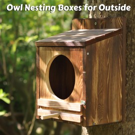 Ansonation Large Owl House,Screech Owl Nesting Boxes for Outside 14''x 10''x 7.1'' Wooden Nesting Boxes Wildlife Kestrels Barn Barred Screech Great Horned Easy Assembly with Circular Opening
