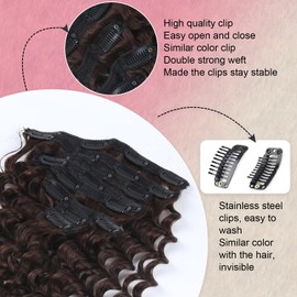 Dark Brown Clip-In Real Human Hair Extensions, 24 Inches, 60 cm, 120 g, 8 Pieces, #2 Brown Real Hair Extensions, Soft, Deep Wavy Curly Clip-In Extensions Made of Remy Real Hair for Women