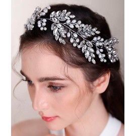 Chargances Bride Wedding Rhinestone Hair Vine Bridal Gold Pearl Headband Wedding Long Headpiece Prom Rhinestone Hair Accessories for Women and Girls (Gold)