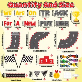 TICIAGA 89PCS Race Car Welcome Classroom Bulletin Board Decoration We Are On Track for A New Future Cutout DIY Racing Car Photo Picture Name Tag Motivational Cars Medal for Kindergarten Back to School