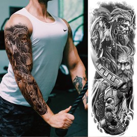 Realistic Greek Poseidon Temporary Tattoo Sleeves For Men, Full Arm Large Myth Ancient Warrior Lion Fake Tattoos Sleeve Adult Women, Black 3D Gladiator Wolf Temp Tatoo Sticker Leg Body Art Makeup, 6-Sheet