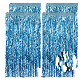 Vaktop Pack of 4 Tinsel Curtain Blue, S Shape Glitter Curtain Birthday, Foil Fringe Glitter Curtain, Streamers Party Curtain for Party Decoration, Wedding Background, Photo Wall, Stage Decoration (1 m