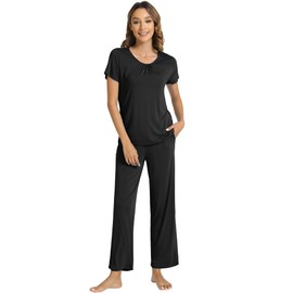 WiWi Women's Viscose from Bamboo Short Sleeve Pajama Set Soft Pants Lounge Sets Comfy Sleepwear S-XXL, Black, Small