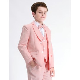 A&J DESIGN Boys Plaid Suit Kids Easter Wedding Valentine's Day Outfit with Formal Jacket, Pants and Bow Tie, Pink, 6-7 Years