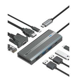 8-in-1 USB C Hub Aluminium Shell Adapter with 4K 60Hz HDMI, VGA, Type C PD 100W, USB 3.0 Port, 1000 m Gigabit Ethernet RJ45 Port, Compatible with MacBook Pro/Air, More Type C Devices
