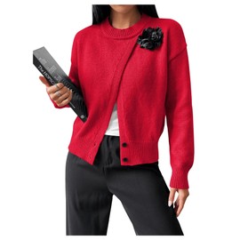 MakeMeChic Women's Wrap Cardigan Sweater Flower Button Down Pullovers Tops Red Small