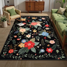 Lahome Black Floral 5x7 Kids Rugs for Playroom, Cottage Core Rug for Bedroom Dorm Aesthetic,Low Pile Printed Floor Whimsical Carpet for Classroom Living Dining Room