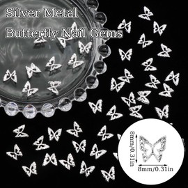 RODAKY Butterfly Nail Charms 50Pcs Shiny 3D Silver Butterflies Charms for Nails Alloy Butrtefly Nail Gems Nail Decoration for Manicure DIY Design Silver Nail Art Accessories