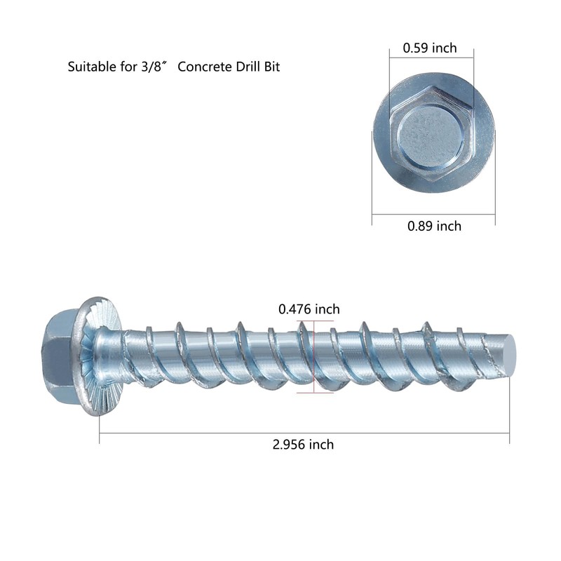 Wensilon 3/8" x 3" Zinc Plated Large Diameter Concrete Screw
