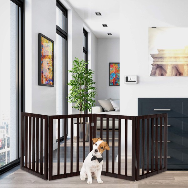 Pet Gate - 4-Panel Indoor Foldable Dog Fence for Stairs, Hallways, or Doorways - 73x24-Inch Freestanding Dog Gates by PETMAKER (Brown)