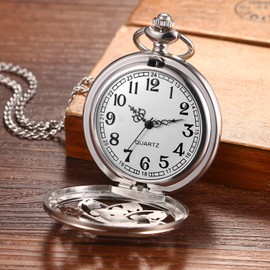 Lancardo Pocket Watch Analogue Quartz Movement Vintage Women Men with Necklace Pullover Chain Watch for Birthday Christmas New Year, silver