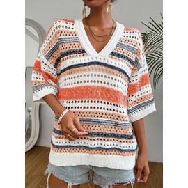 Acelitt Womens Spring Summer Short Sleeve Crochet Sweater 2025 Fashion Trendy Hollow Out V Neck Striped Knitted Tops Beach Vacation Cruise Outfits Resort Wear Orange Medium