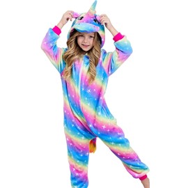 CHETOSHO Girls Unicorn Onesie Hooded Animal Costume for Girls Oblique stripe starry blue 3-4 Years