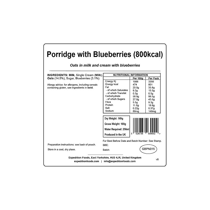 Expedition Foods Porridge with Blueberries (800kcal) - Freeze Dried Meal
