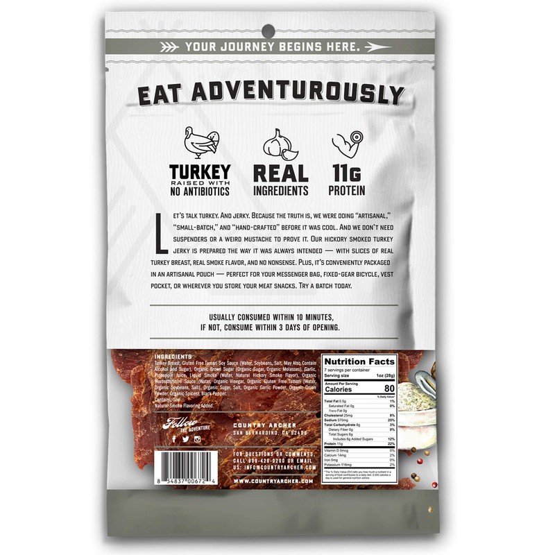 Hickory Smoke Turkey Jerky By Country Archer, Antibiotic Free, Gluten