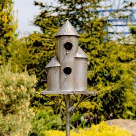 Zaer Ltd. Large Silver Colored Multi-Birdhouse Stakes, Room for 4 Bird Families in Each (Tall Triple Cylinder Homes (Silver Color))
