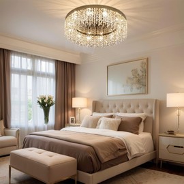 Axamate Modern Crystal Chandelier 20 inch Round Raindrop Crystal Chandeliers Flush Mount Chandelier Chrome Silver Ceiling Light Fixture for Living Room Dining Room Bedroom