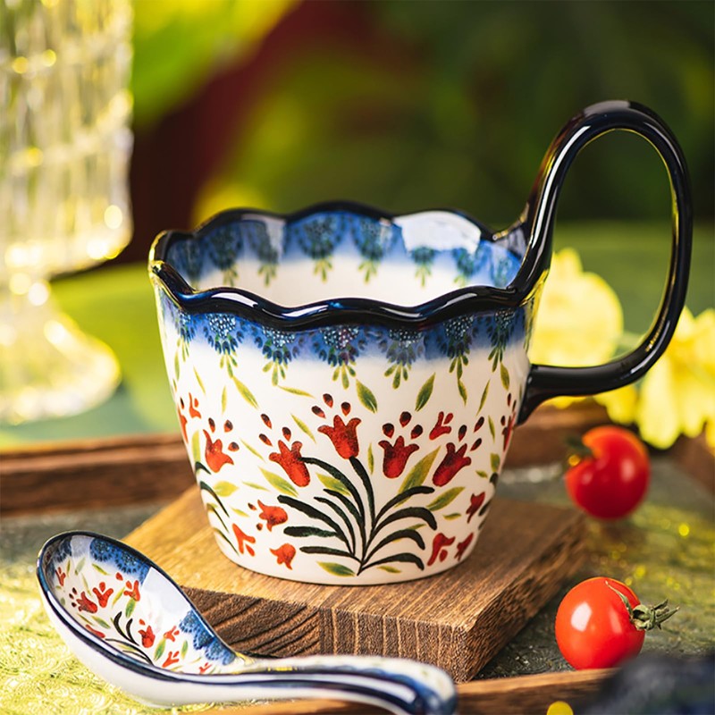 OZY Handpainted Soup Bowl with Handle,Ceramic Cereal Bowl Great for