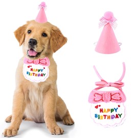 Dog Birthday Bandanas and Hat, Dog Birthday Party Supplies, Puppy Birthday Outfit Cute Bowknot Hat and Happy Birthday Scarf Decorations (Pink)