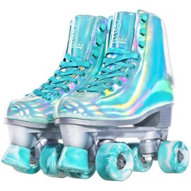 JajaHoho Roller Skates for Women, Holographic High Top Faux Leather Rollerskates, Shiny Double-Row Four Wheels Quad Skates for Girls Kids Age 8-50 Indoor Outdoor (Mint Green, Size 3)