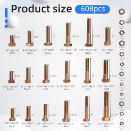 608 PCS Grade 8 Bolts and Nuts Assortment Kit, 1/4-20, 5/16-18, 3/8-16, 1/2-13, SAE Heavy Duty Hex Bolts Nuts Washers Assortment Kit