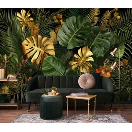 Jdayda Gold and Green Monstera Leaf Wallpaper Tropical Jungle Banana Leaves Wall Mural for Living Room Bedroom (Not Self-Adhesive)