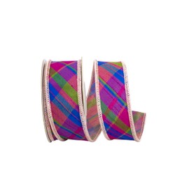 Reliant Ribbon Magenta Plaid Diagonal Dupioni Deluxe Wired Edge Ribbon