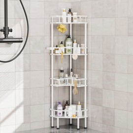 FJNATINH Corner Shower Caddy - 4 Tier Shower Organizer Corner Shelf Stand, Stainless Steel Standing Tall Floor Shower Shelf Rack Storage Stands for Bathroom Balcony Kitchen, No Drilling Shelves, White