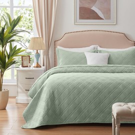 COZYART Quilt Set Queen Size Sage Green Lightweight Bedspread Full Summer Soft Coverlet 3 Piece Quilted Bedding Sets for All Season,1 Quilt 2 Pillow Shams