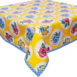 Doily 2 Yellow Oilcloth Tablecloth with Blue Gingham Trim