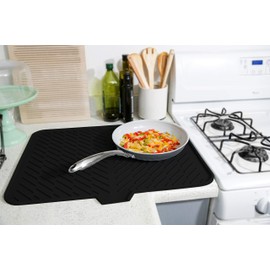 Luxet Silicone Dish Drying Mat with Built-in Drain Lip - Hygienic Drying Pad - Sturdy Compact Easy to Clean Tray Protects Surfaces Prevents Water Build Up - 23 X 17 (Black)