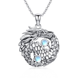 YAFEINI Dragon Necklace S925 Sterling Silver Moonstone Dragon Pendant Necklace Vintage Tai Chi Necklace Chinese Dragon Jewelry Gift for Women Men