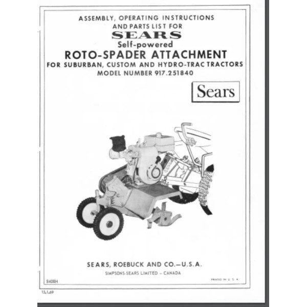 Sears Roto Tiller Implement Lawn Tractor Owner Parts Manual 917.251840