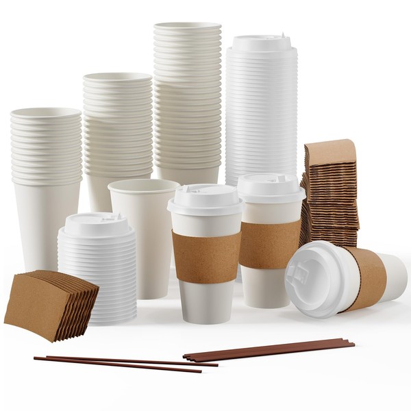 [100 Pack] 16 oz Paper Coffee Cups, Disposable Paper Coffee Cup with Lids, Sleeves, and Stirrers, Hot/Cold Beverage Drinking Cup for Water, Juice, Coffee or Tea, Suitable for Home,Shops and Cafes