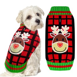 BAEJMJK Dog Christmas Sweater with Leash Hole Classic Plaid Xmas Pet Dog Turtleneck Pullover Knitwear Warm Puppy Cat Knit Jumper Winter Dog Clothes Outfits for Small Medium Dogs（Elk,Large）