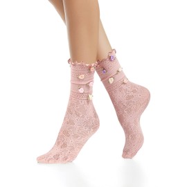Benefeet Sox Womens Ruffle Socks with 3D Rose Flower Girls Cute Mesh Frilly Socks Pretty Novelty Lettuce Edge Decorative Ladies Dress Socks Fishnet Hollow Out Princess Summer Socks, Pink Roses