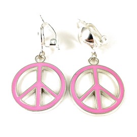 pink silver Peace Sign Clip On earrings pendant clips lightweight 1.75 inches long silver clips non-pierced earrings