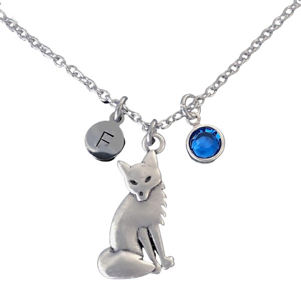 Personalized Fox Necklace with Optional Initial and Birthstone - Fox