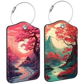 2 Pack Luggage Tag for Suitcase Japanese Sakura Tree Mountains Sunset Leather Suitcase Tags with Privacy Name ID Label and Stainless Steel Loop for Travel Bag Suitcase