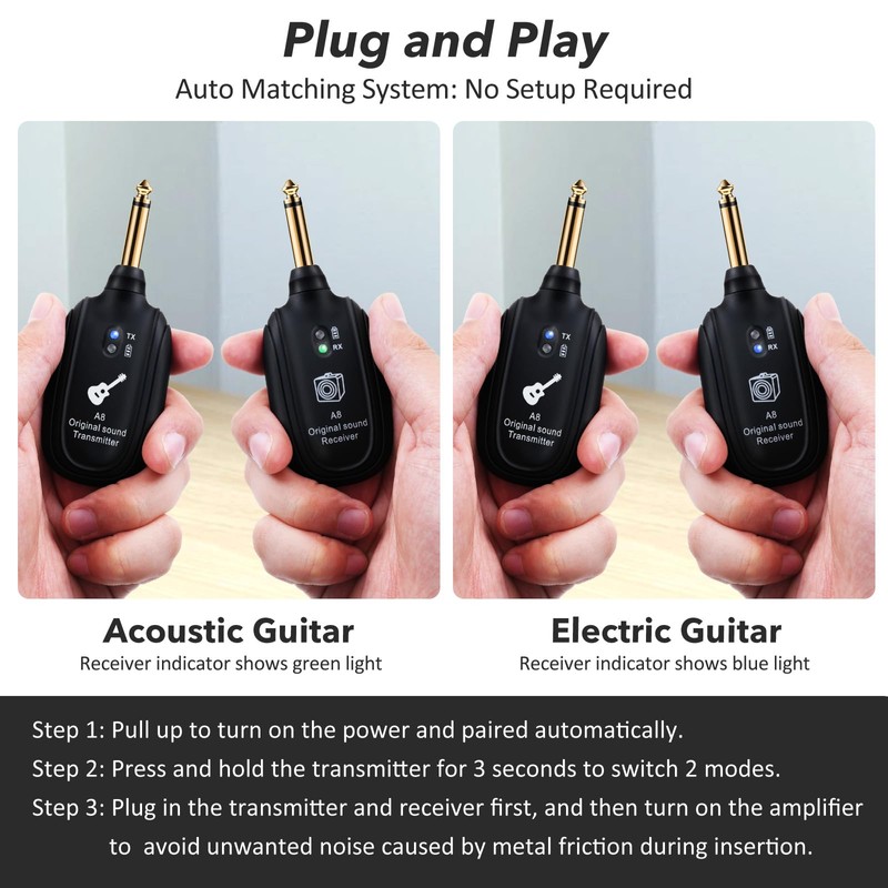 INGPARTNER Wireless Guitar System UHF 2 Modes, Rechargeable Li-Battery, 100ft